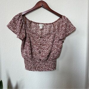 Monteau Boho Floral Ruched Flutter Sleeve Blouse